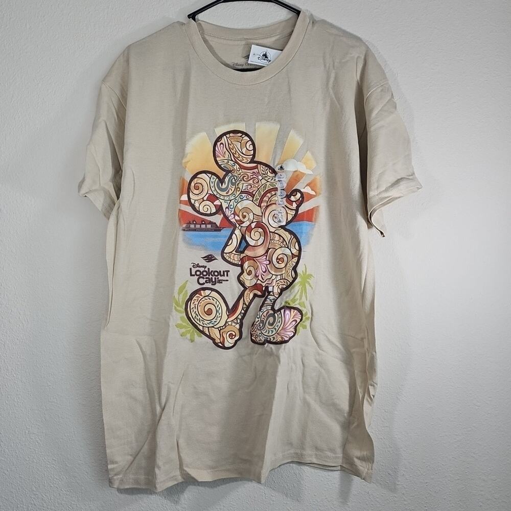 Disney Cruise Line LOOKOUT CAY Lighthouse Point Mickey Swirl Tan Shirt Large